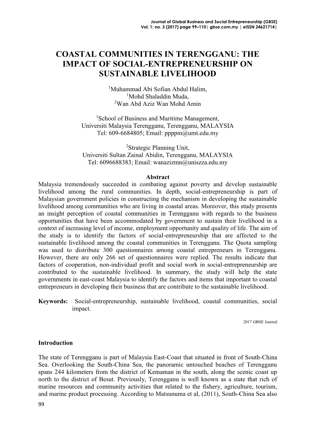 Coastal Communities in Terengganu: the Impact of Social-Entrepreneurship on Sustainable Livelihood