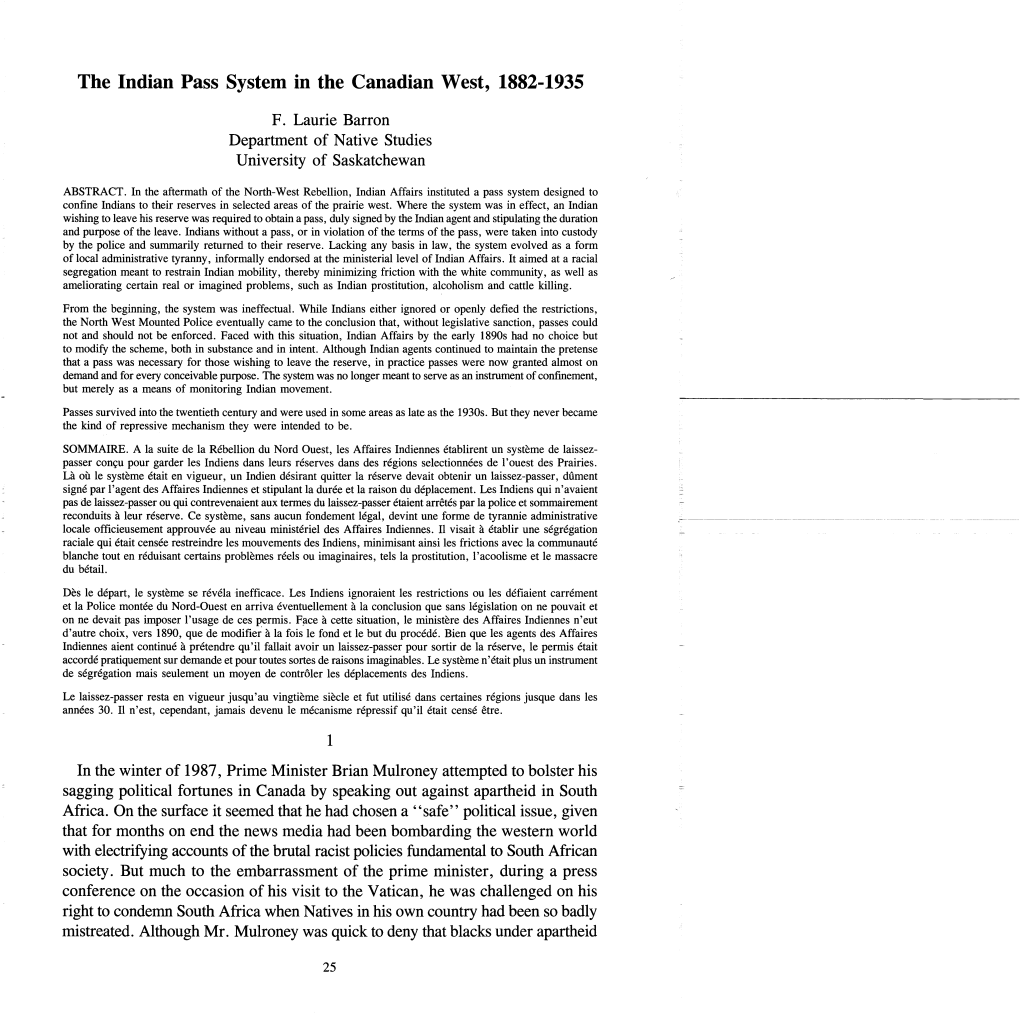 The Indian Pass System in the Canadian West, 1882-1935