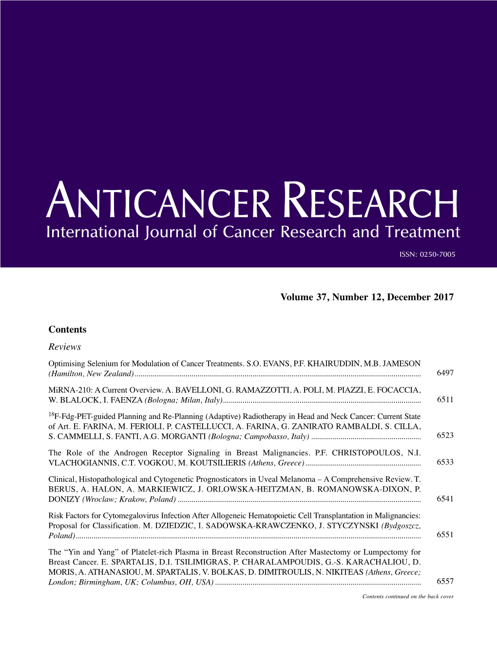 ANTICANCER RESEARCH International Journal of Cancer Research and Treatment