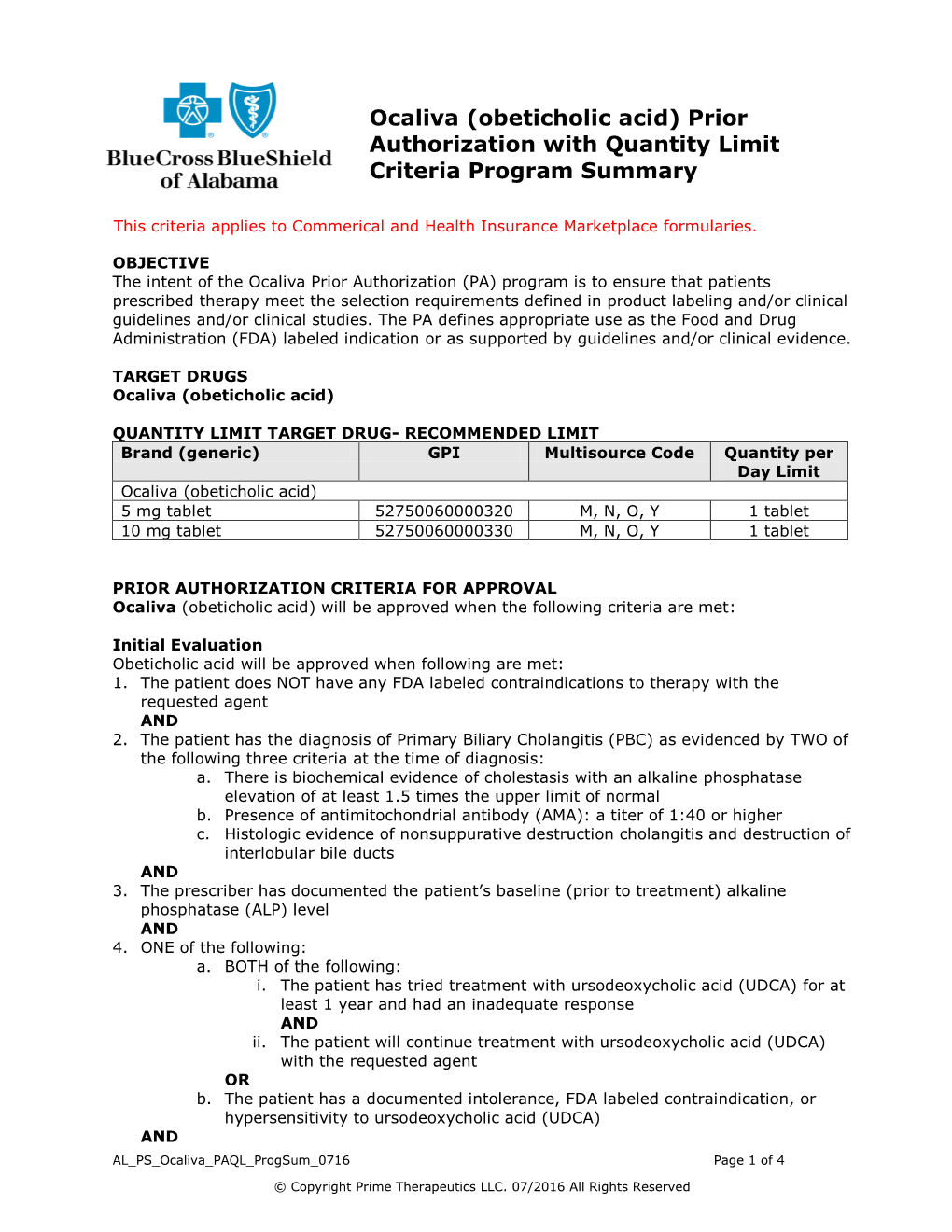 Ocaliva (Obeticholic Acid) Prior Authorization with Quantity Limit