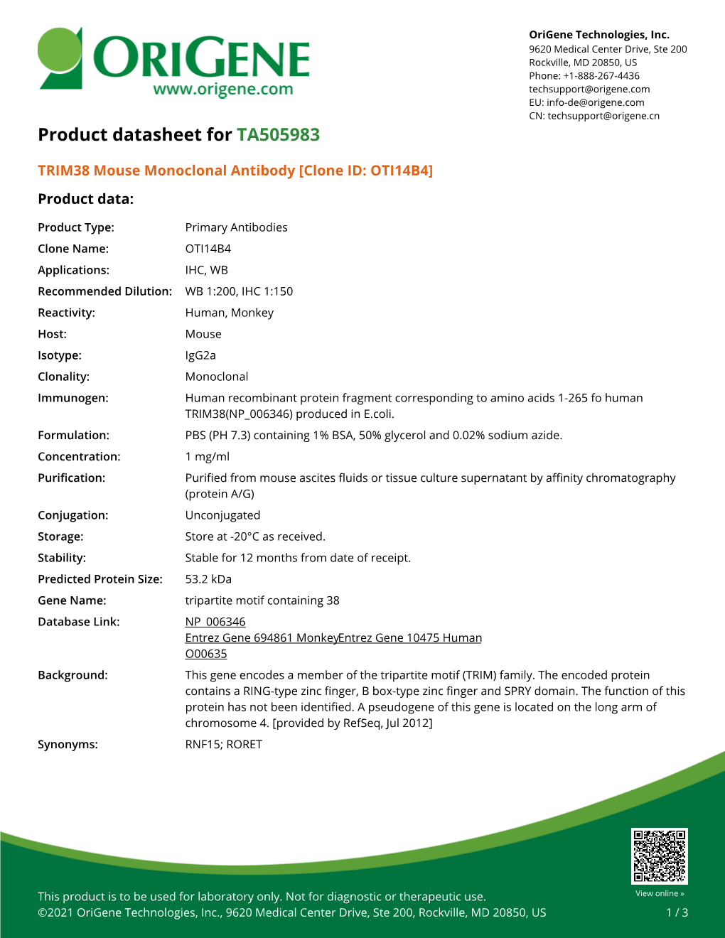 TRIM38 Mouse Monoclonal Antibody [Clone ID: OTI14B4] Product Data