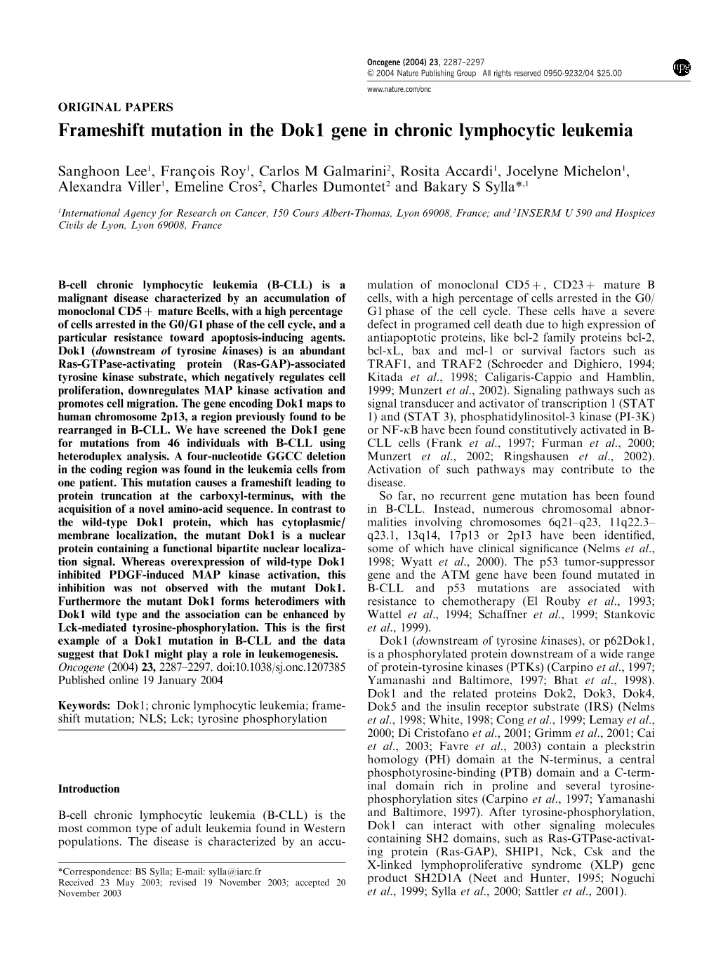 Frameshift Mutation in the Dok1 Gene in Chronic Lymphocytic Leukemia