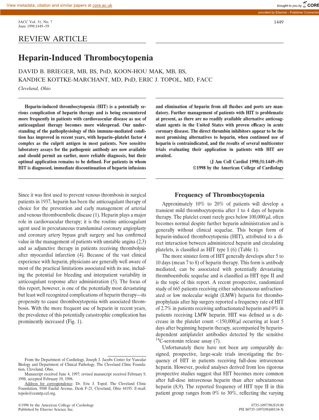 Heparin-Induced Thrombocytopenia