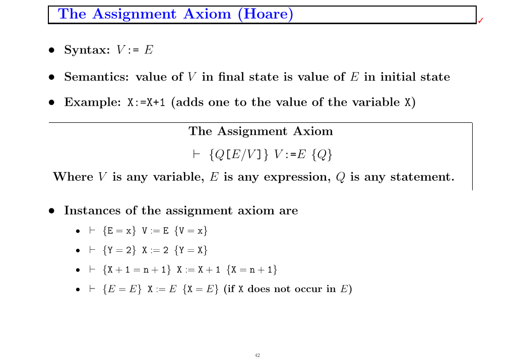 The Assignment Axiom (Hoare) ✓