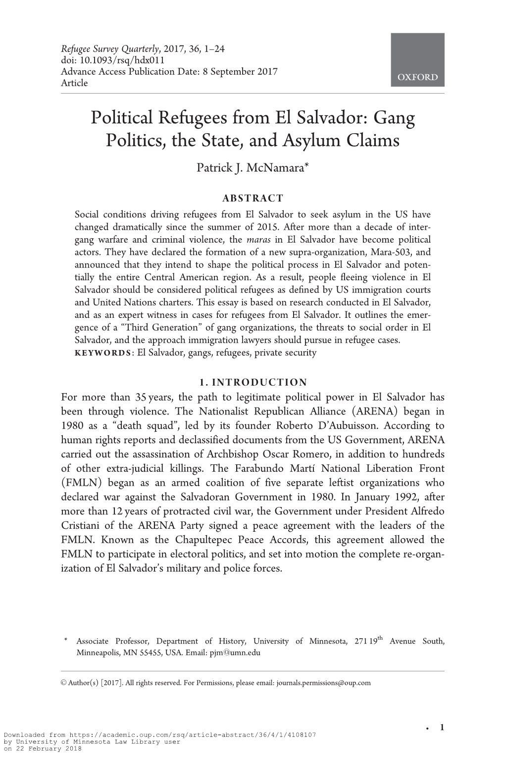 Political Refugees from El Salvador: Gang Politics, the State, and Asylum Claims Patrick J