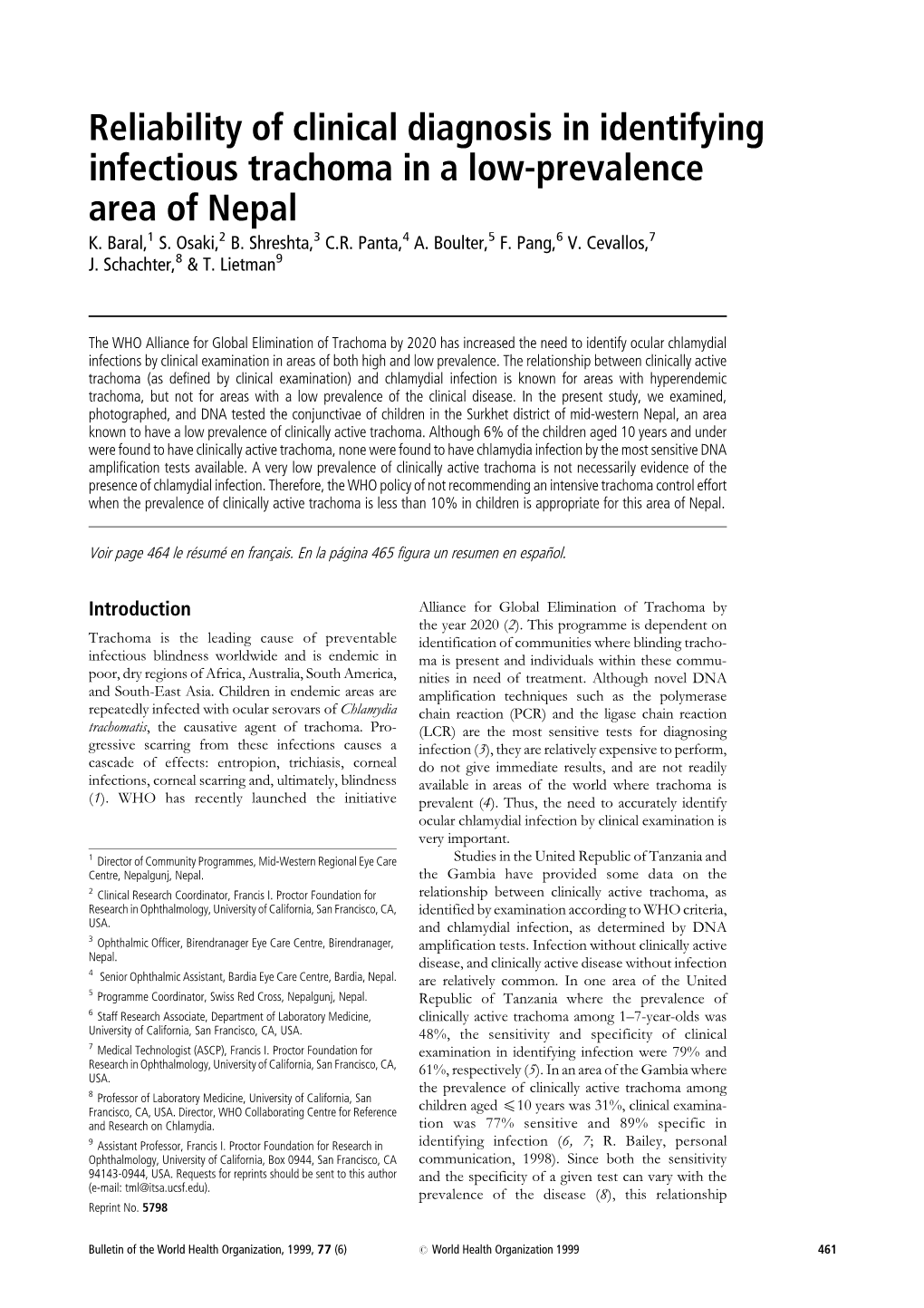 Reliability of Clinical Diagnosis in Identifying Infectious Trachoma in a Low-Prevalence Area of Nepal K