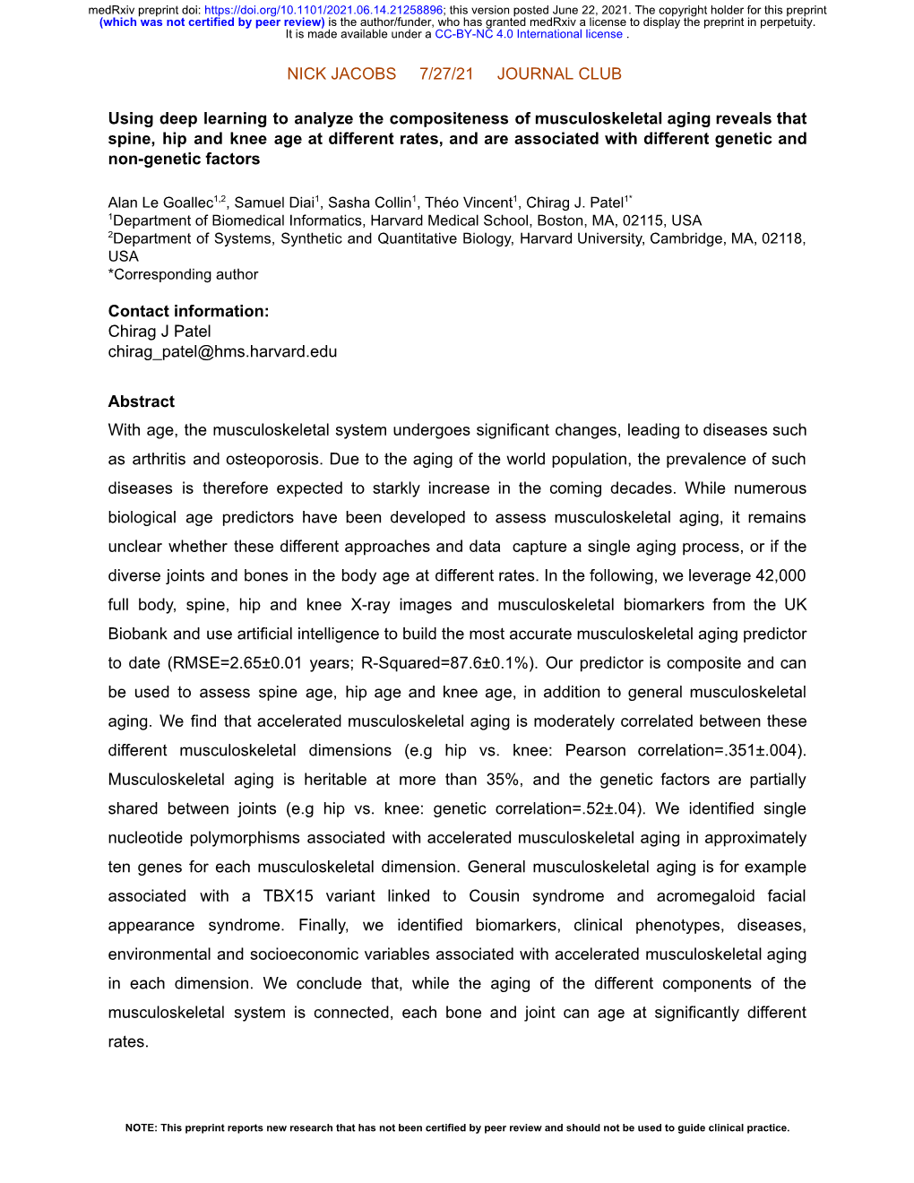 Musculoskeletal Aging Reveals That Spine, Hip and Knee Age at Different Rates, and Are Associated with Different Genetic and Non-Genetic Factors