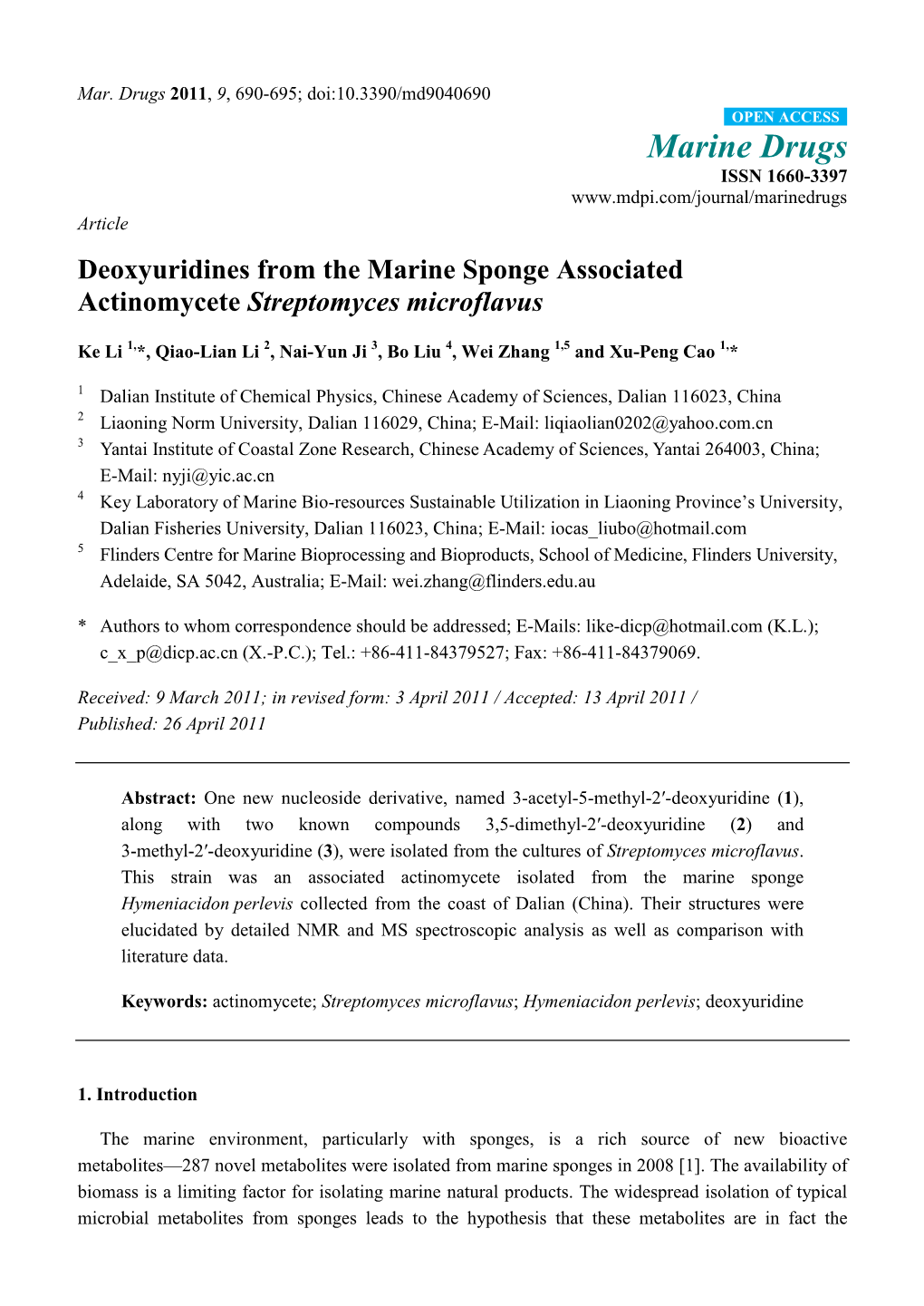 Deoxyuridines from the Marine Sponge Associated Actinomycete Streptomyces Microflavus