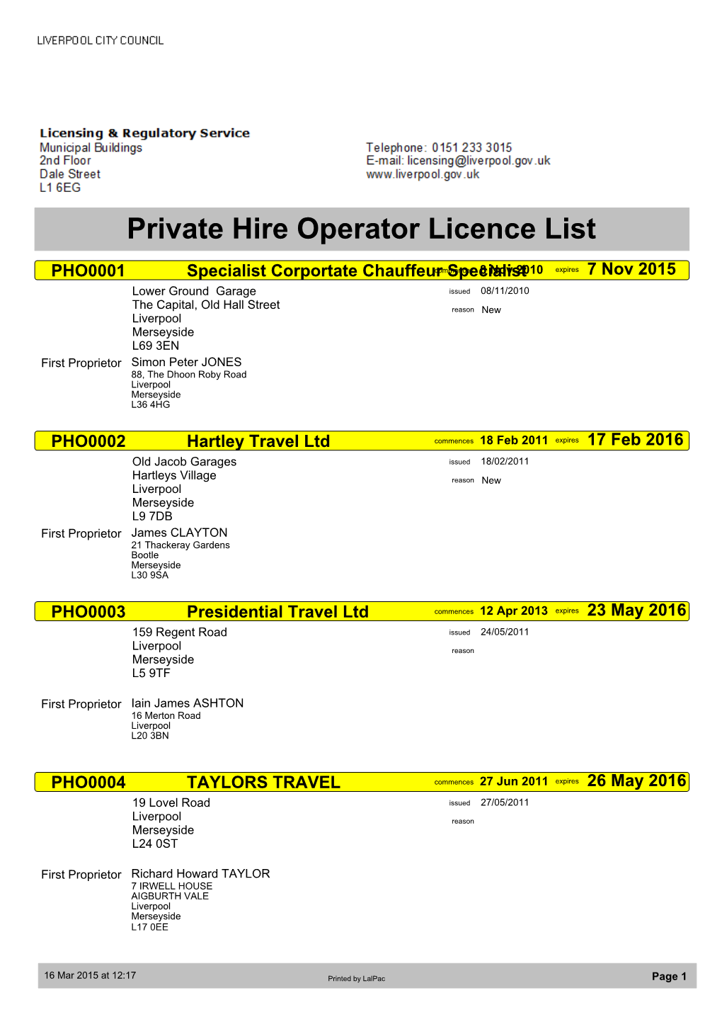 Private Hire Operator Licence List