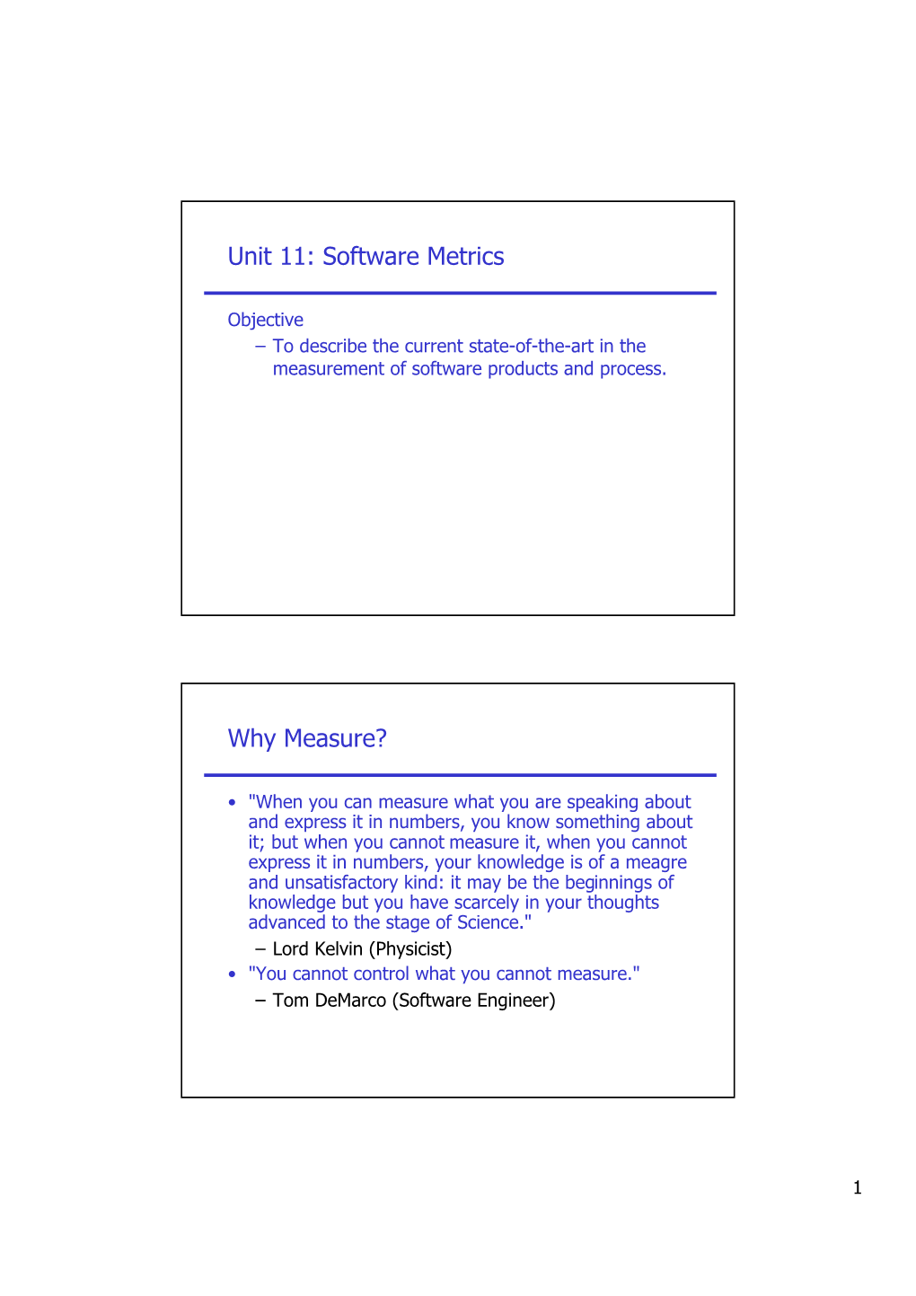 Unit 11: Software Metrics Why Measure?