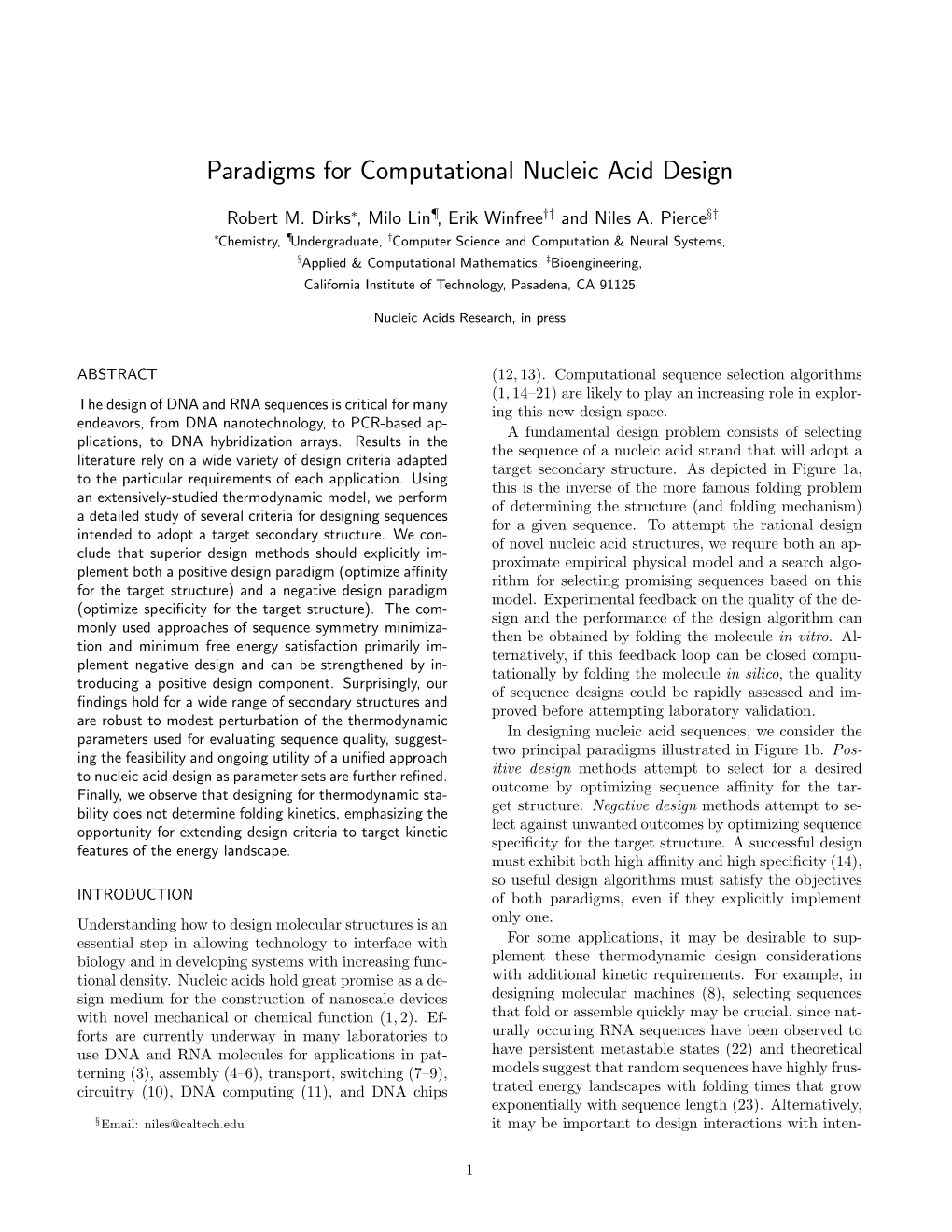 Paradigms for Computational Nucleic Acid Design