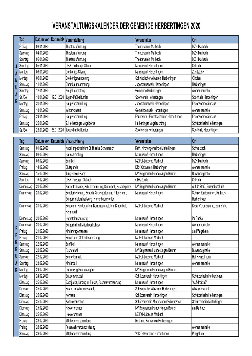 Veranstaltungskalender Der Gemeinde Herbertingen 2020