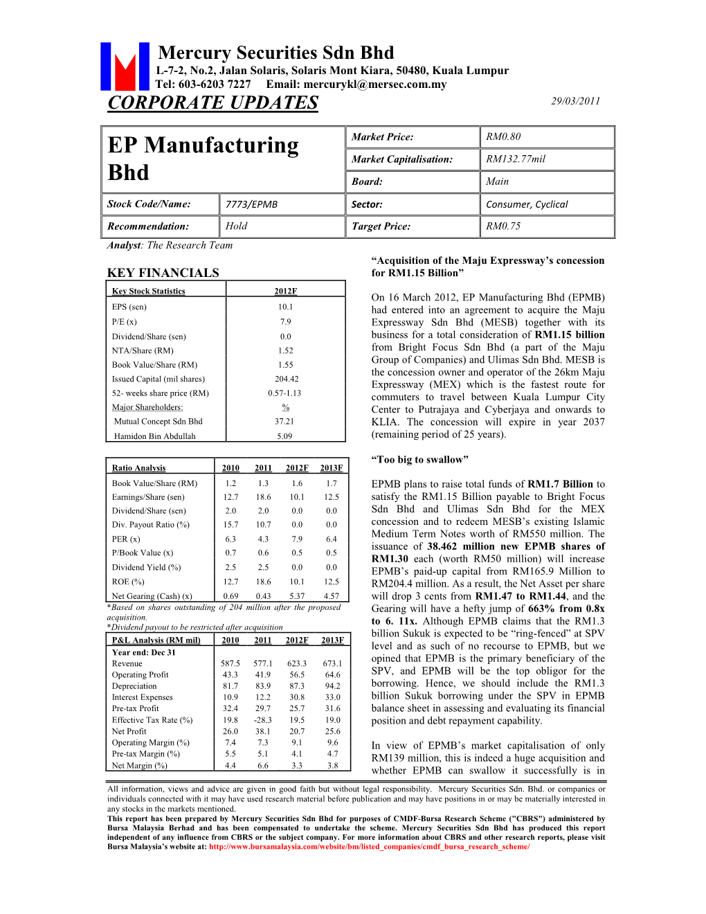 EP Manufacturing Market Price: RM0.80 Market Capitalisation: RM132.77Mil