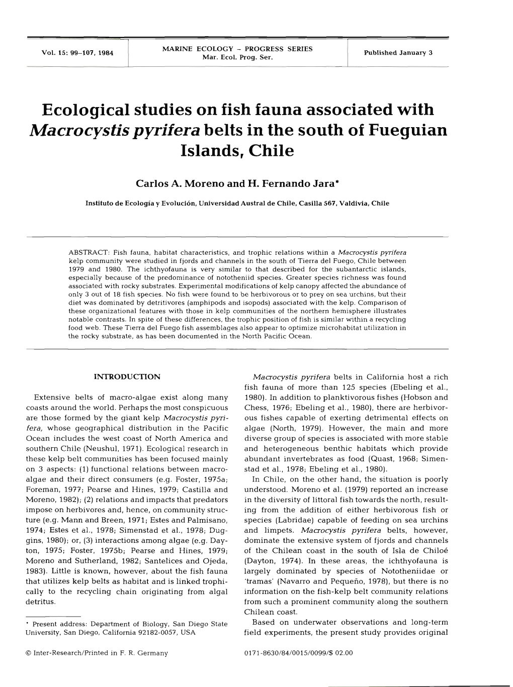 Ecological Studies on Fish Fauna Associated with Macrocystis Pyrifera Belts in the South of Fueguian Islands, Chile