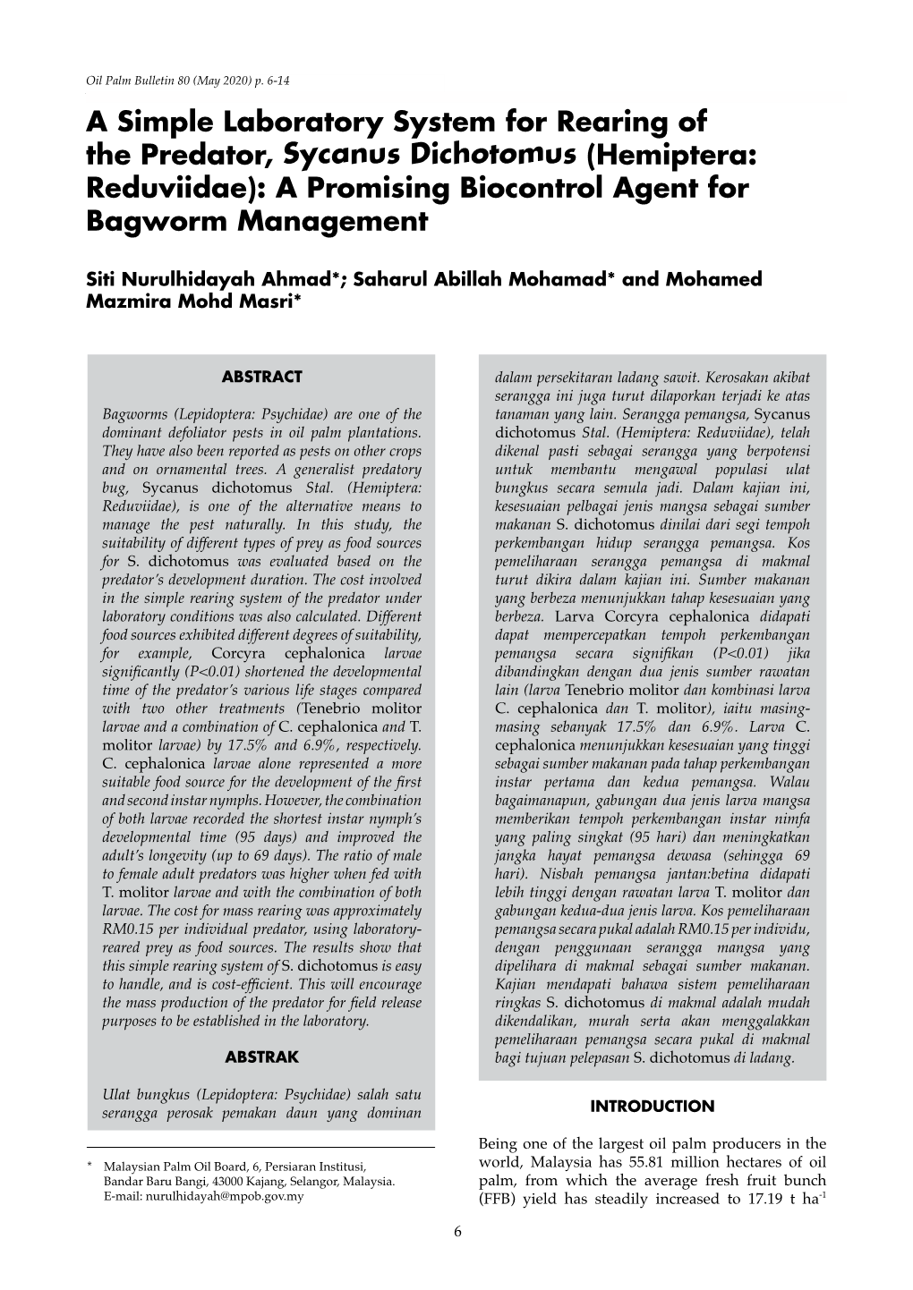 A Simple Laboratory System for Rearing of the Predator, Sycanus Dichotomus (Hemiptera: Reduviidae): a Promising Biocontrol Agent for Bagworm Management