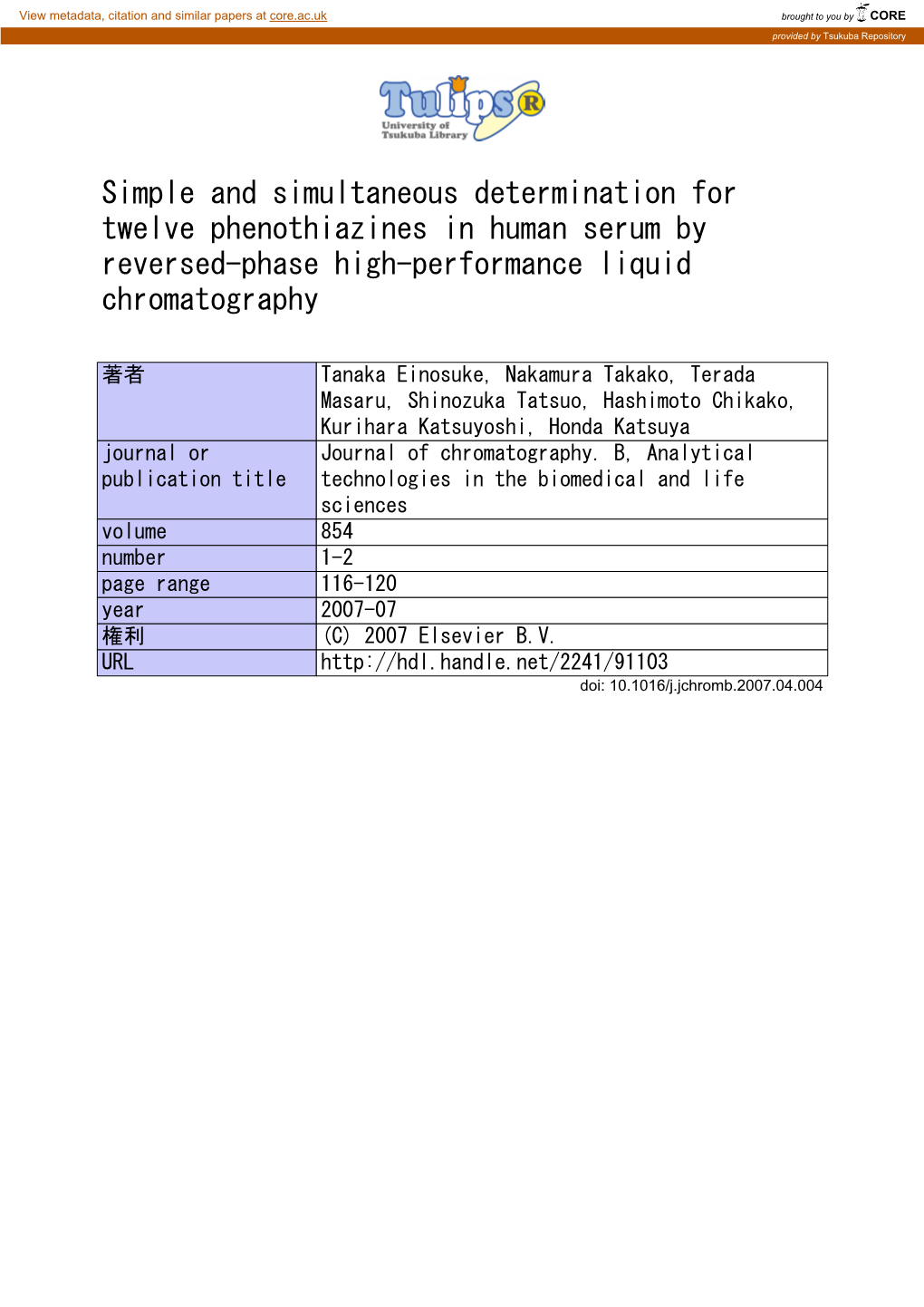 Simple and Simultaneous Determination for Twelve Phenothiazines in Human Serum by Reversed-Phase High-Performance Liquid Chromatography