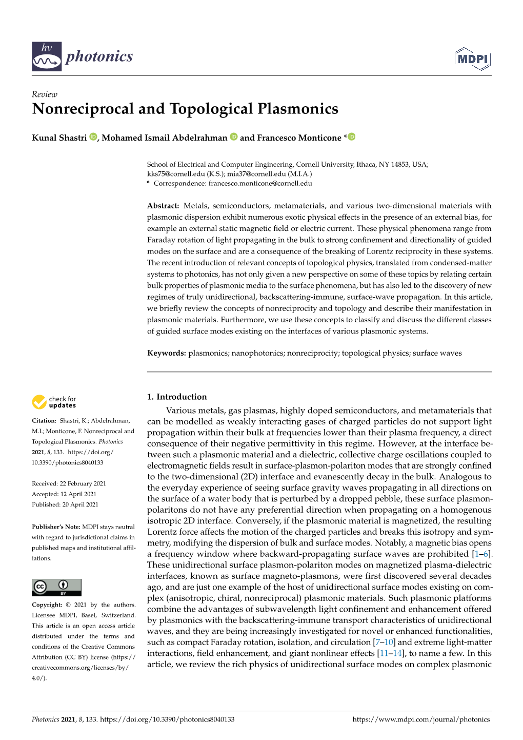 Nonreciprocal and Topological Plasmonics