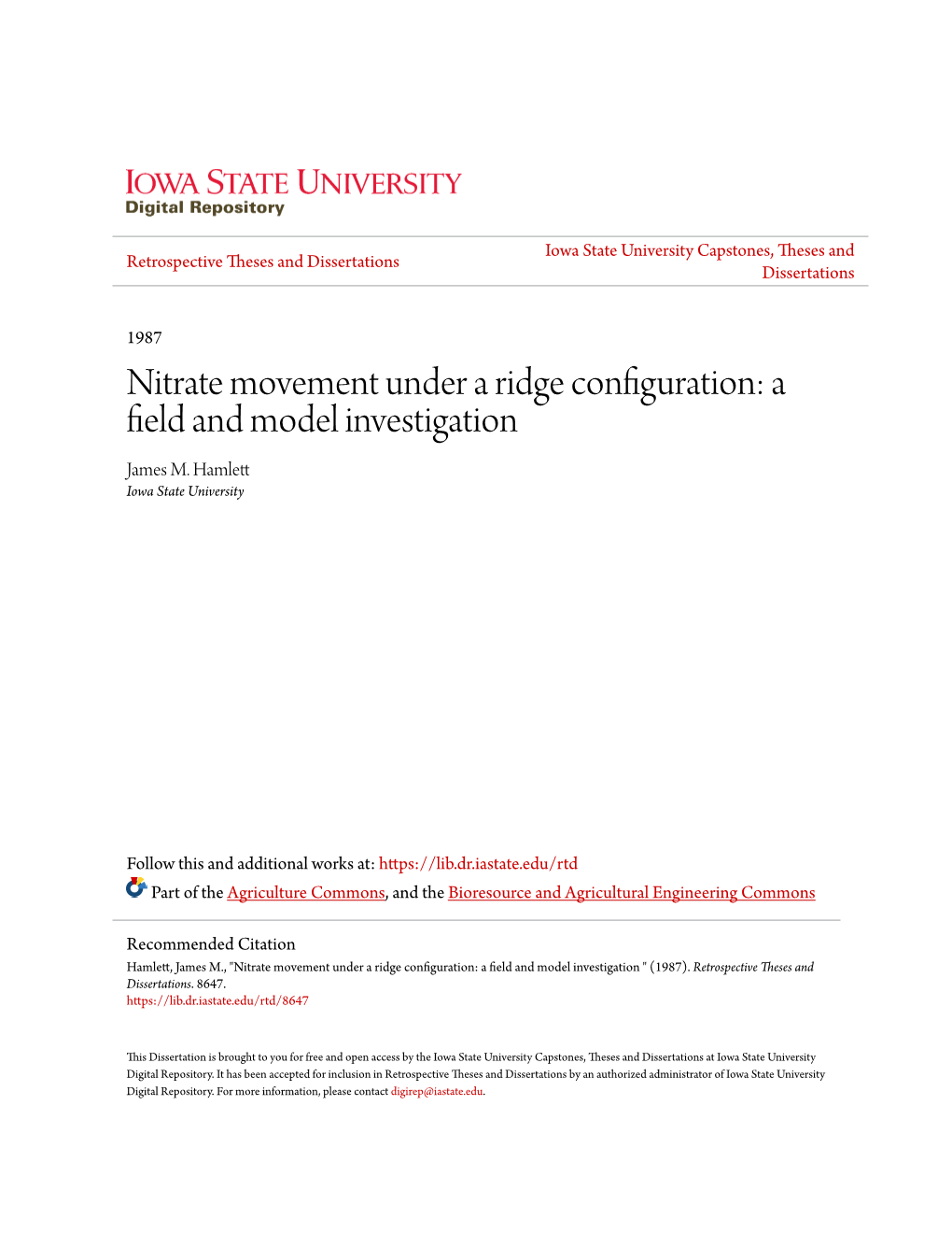 Nitrate Movement Under a Ridge Configuration: a Field Nda Model Investigation James M