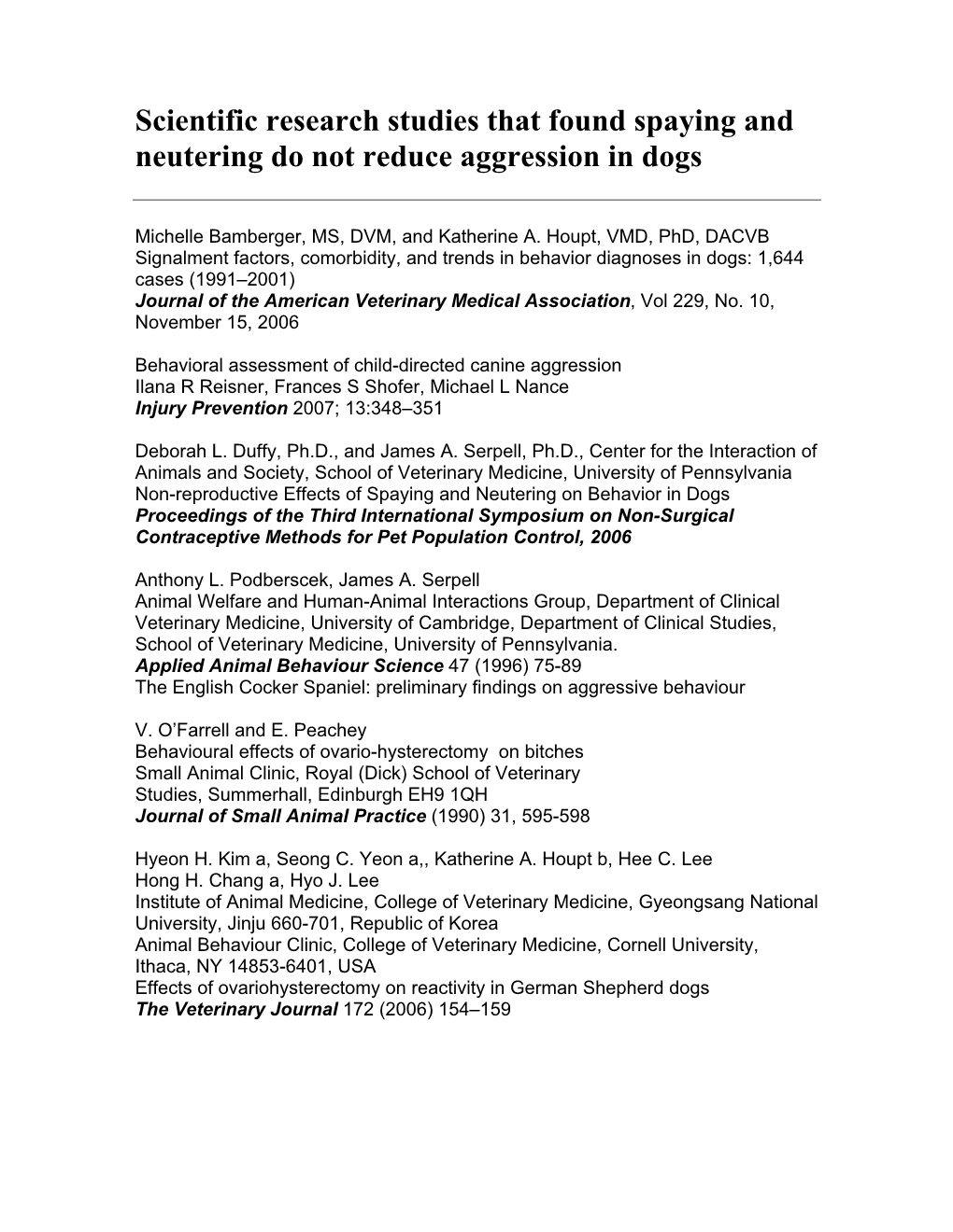 Scientific Research Studies That Found Spaying and Neutering Do Not Reduce Aggression in Dogs