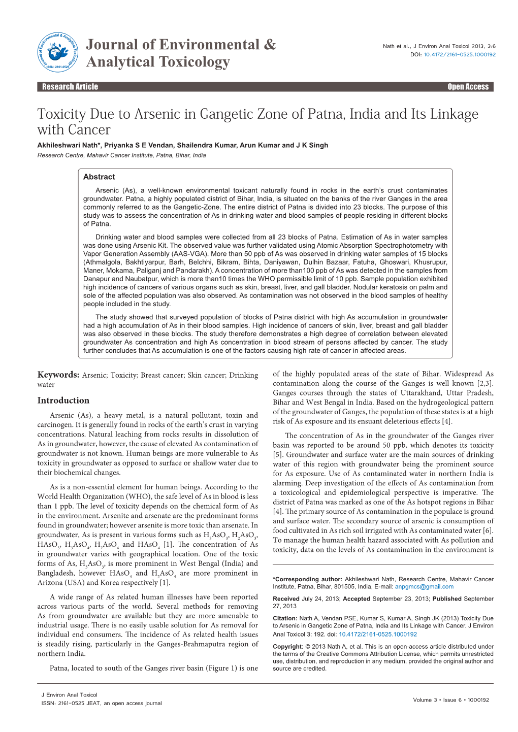 Toxicity Due to Arsenic in Gangetic Zone of Patna, India and Its Linkage