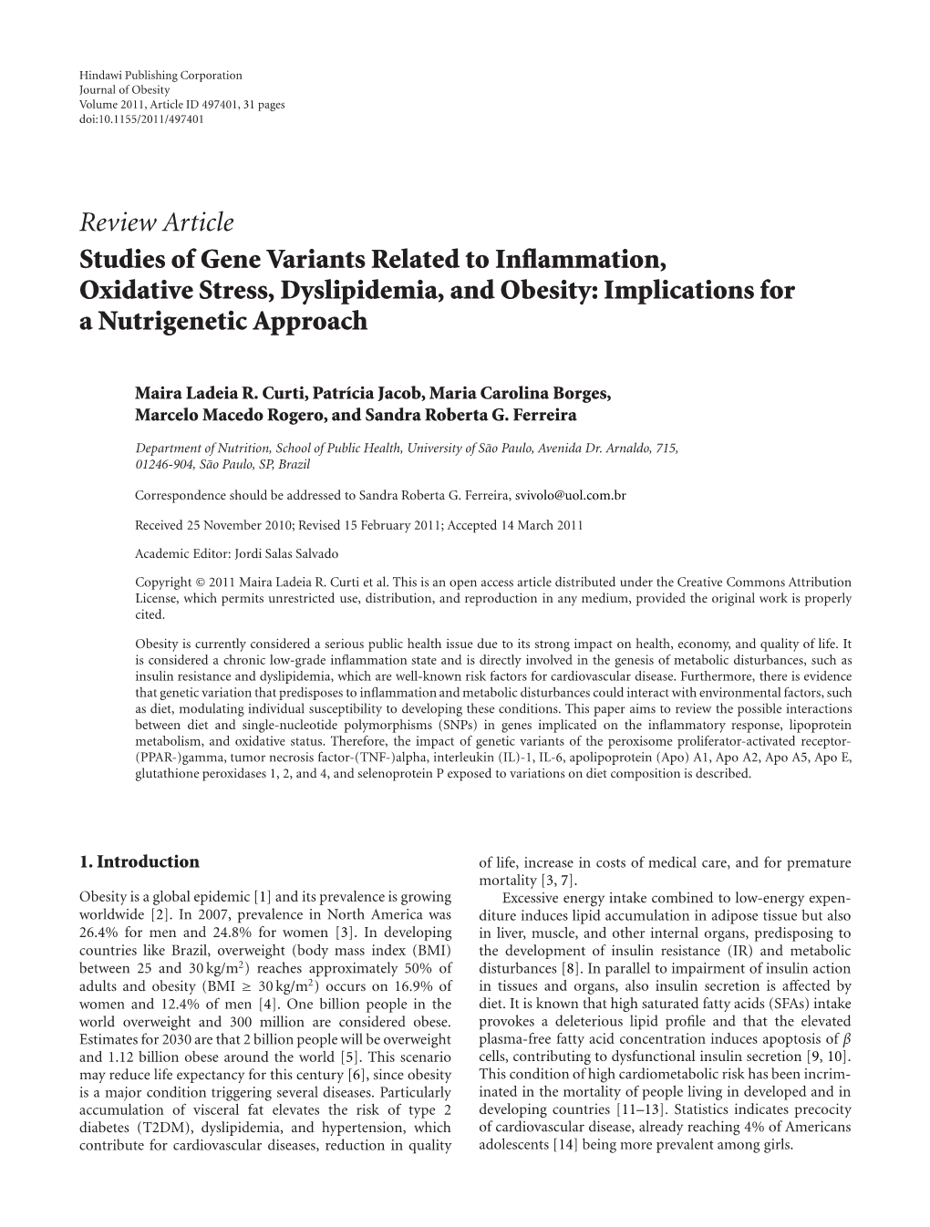 Studies of Gene Variants Related to Inflammation, Oxidative Stress, Dyslipidemia, and Obesity: Implications for a Nutrigenetic Approach