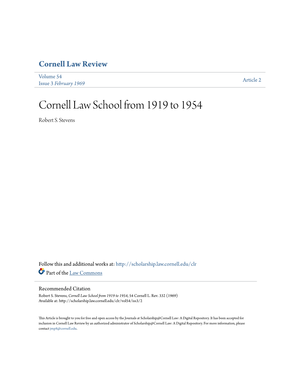 Cornell Law School from 1919 to 1954 Robert S