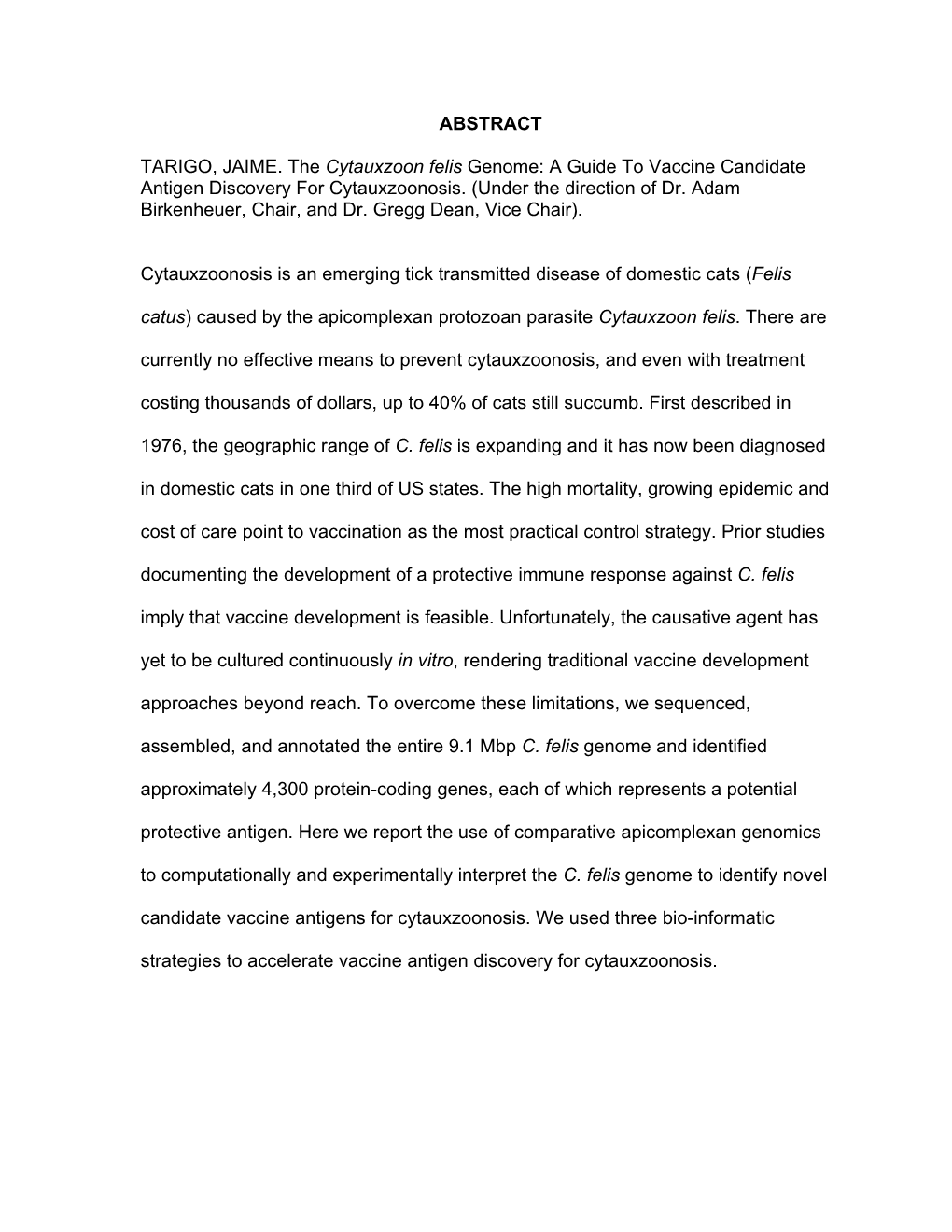 ABSTRACT TARIGO, JAIME. the Cytauxzoon Felis Genome