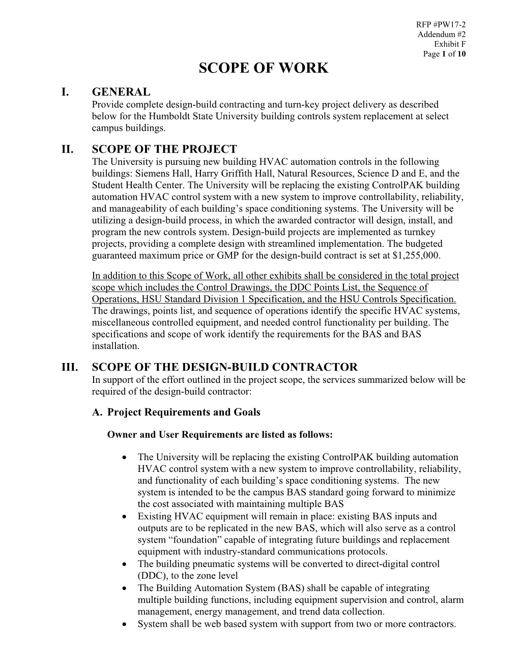 Building Control System Replacement – Scope of Work