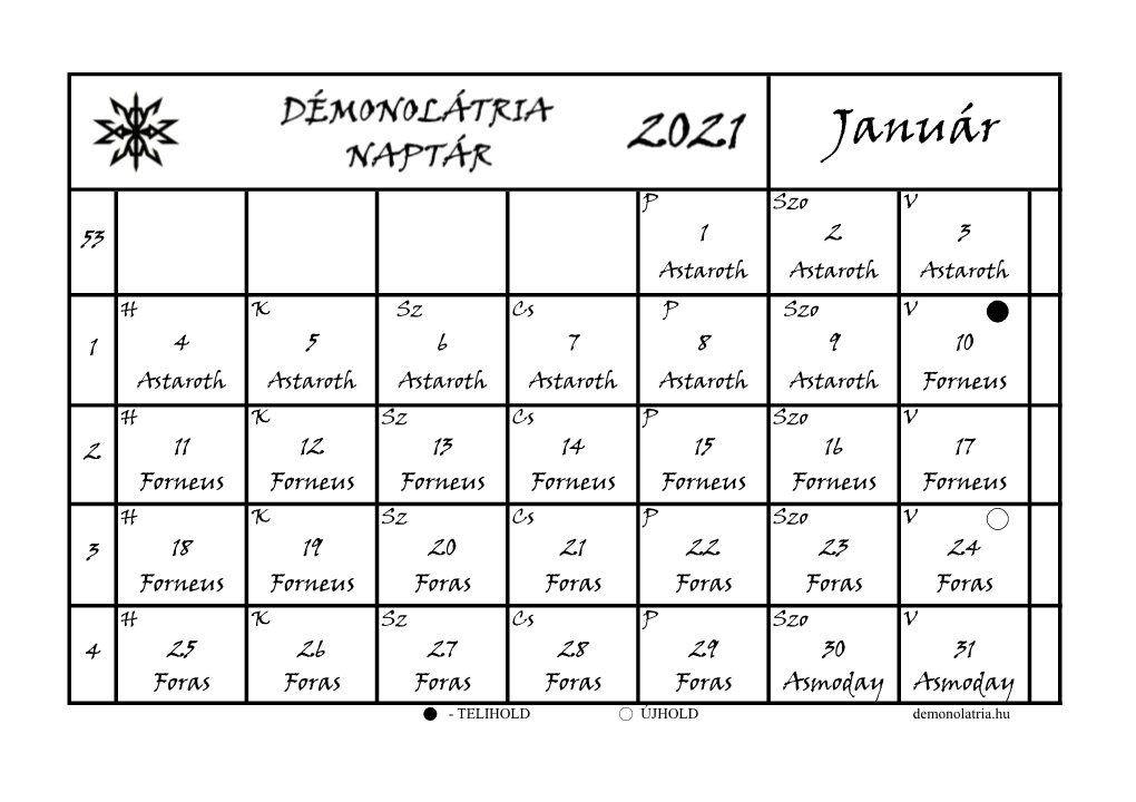 Démonolátria Naptár 2021 – Magyar