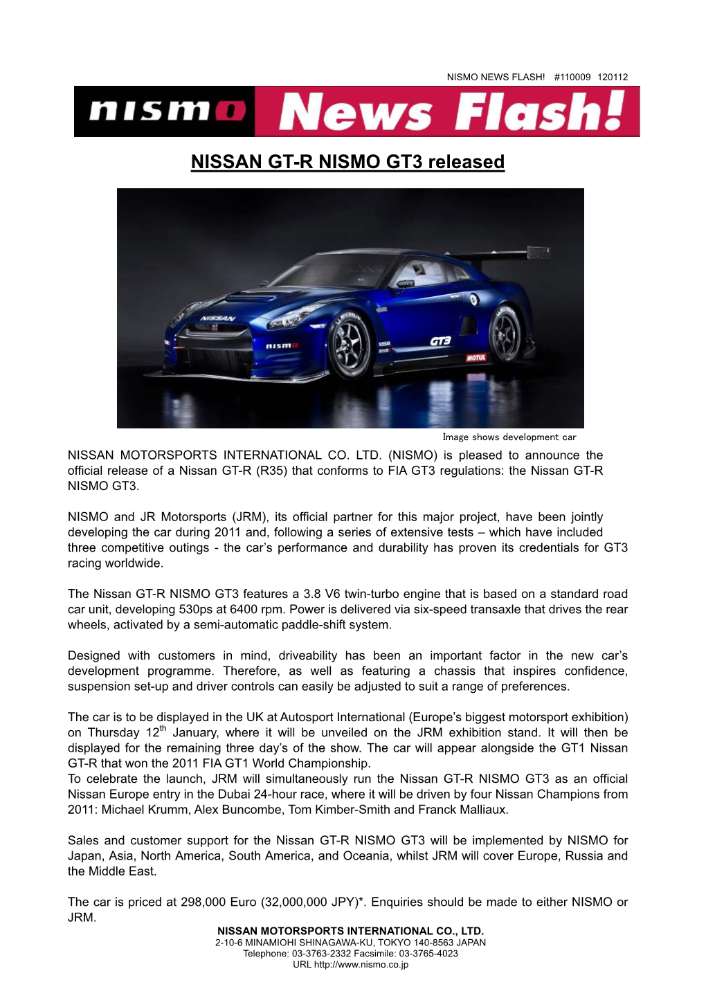 NISSAN GT-R NISMO GT3 Released