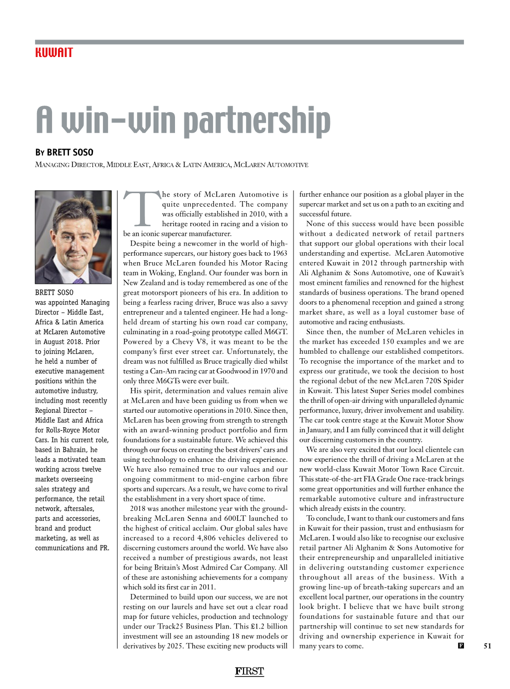 A Win-Win Partnership by BRETT SOSO Managing Director, Middle East, Africa & Latin America, Mclaren Automotive