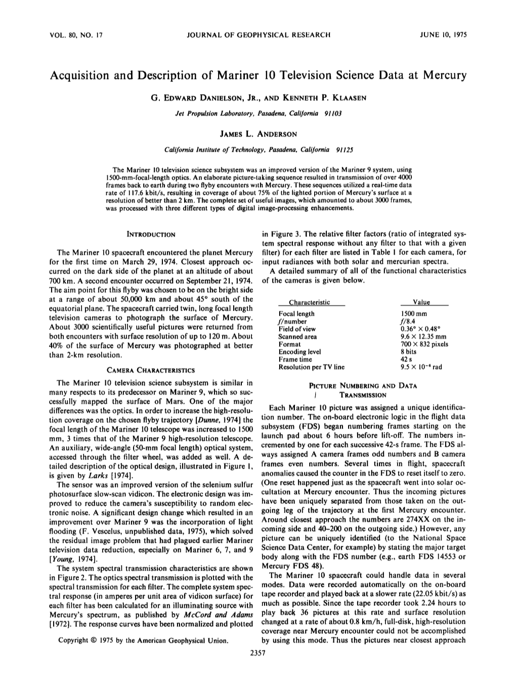 Acquisition and Description of Mariner 10 Television Science Data at Mercury