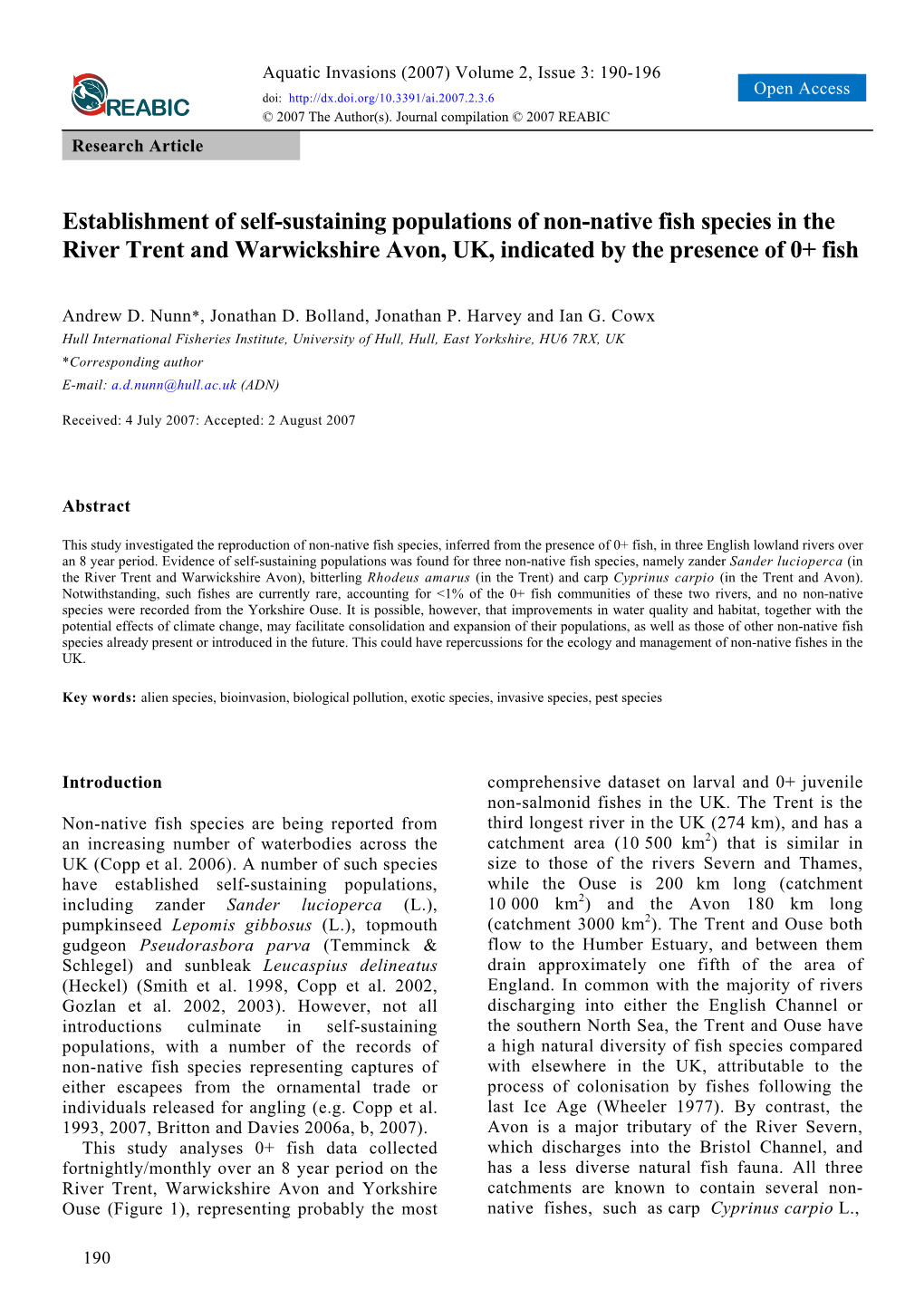 Establishment of Self-Sustaining Populations of Non-Native Fish Species in the River Trent and Warwickshire Avon, UK, Indicated by the Presence of 0+ Fish