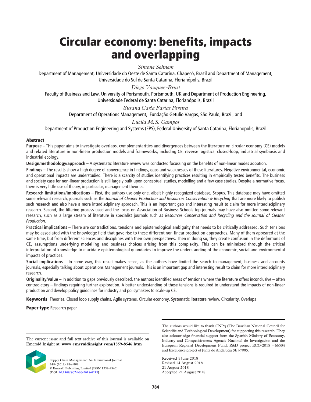 Circular Economy: Benefits, Impacts and Overlapping