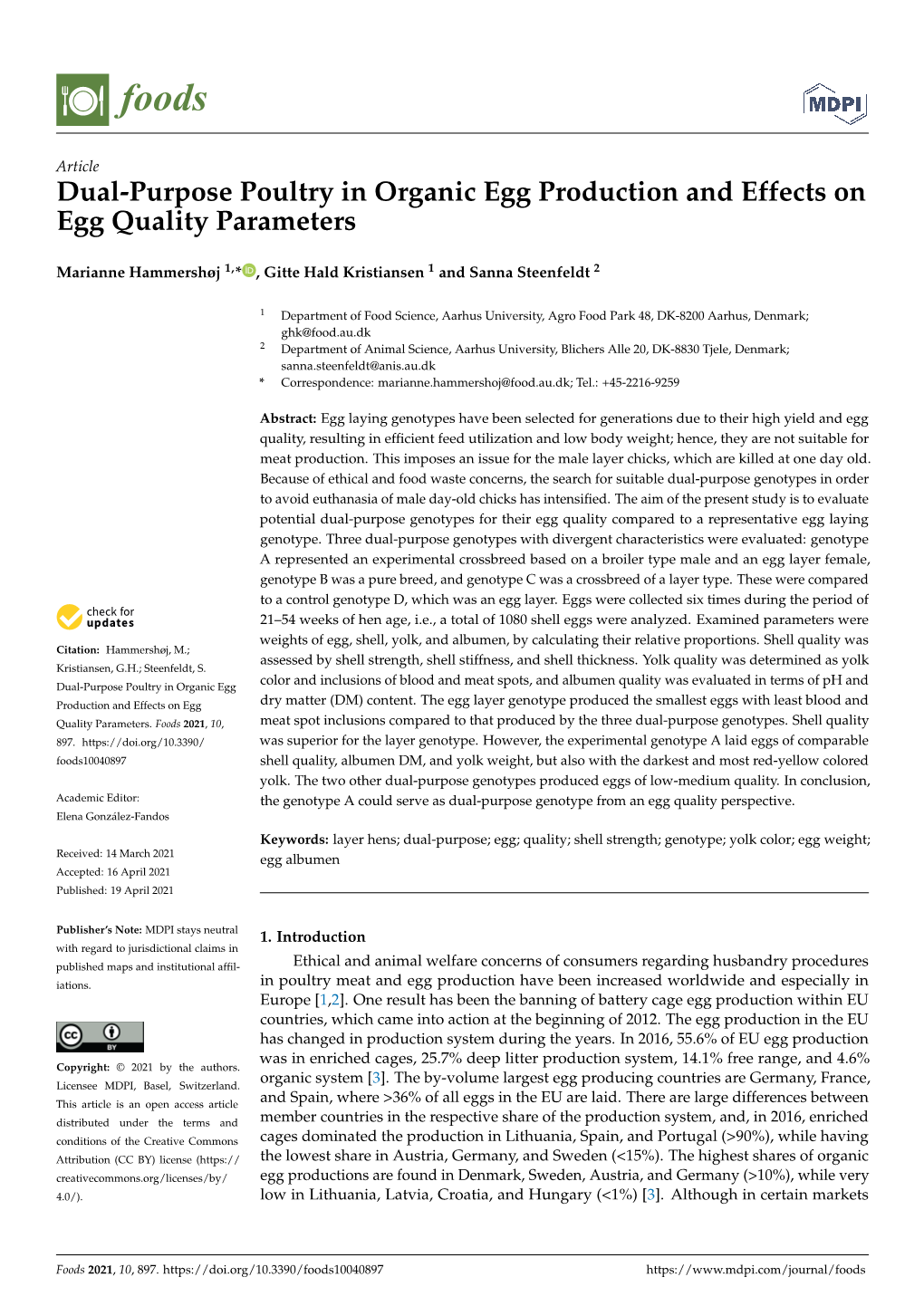 Dual-Purpose Poultry in Organic Egg Production and Effects on Egg Quality Parameters