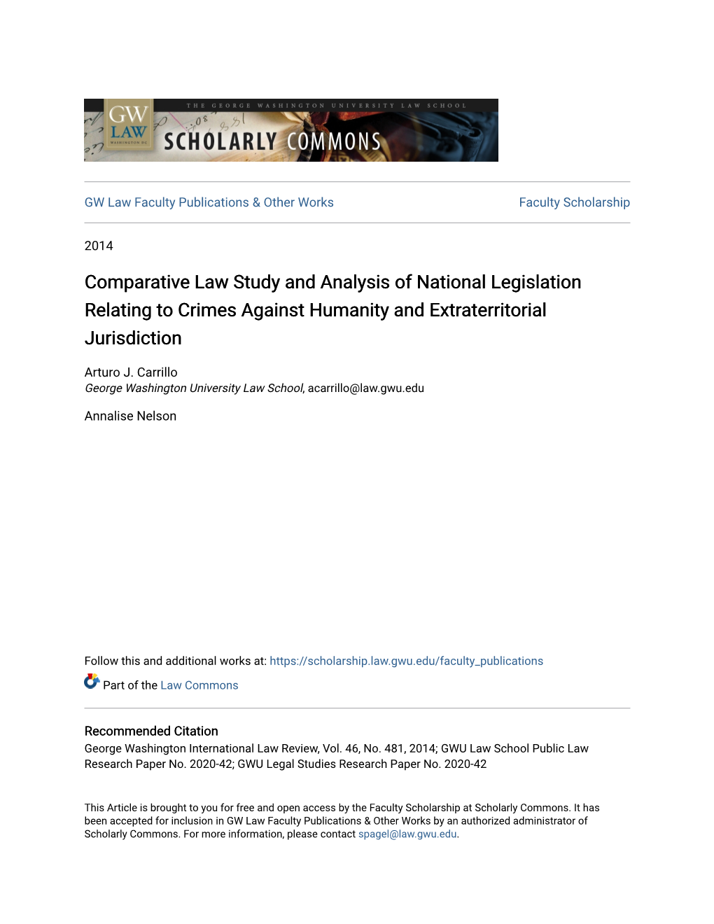 Comparative Law Study and Analysis of National Legislation Relating to Crimes Against Humanity and Extraterritorial Jurisdiction