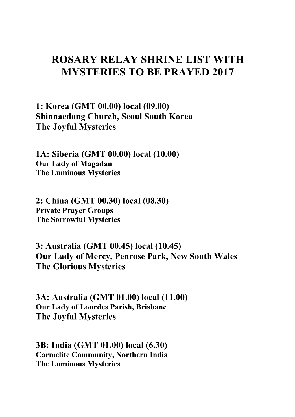 Rosary Relay Shrine List with Mysteries to Be Prayed 2017