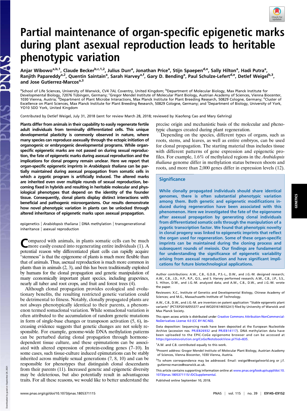 Partial Maintenance of Organ-Specific Epigenetic Marks During Plant Asexual Reproduction Leads to Heritable Phenotypic Variation