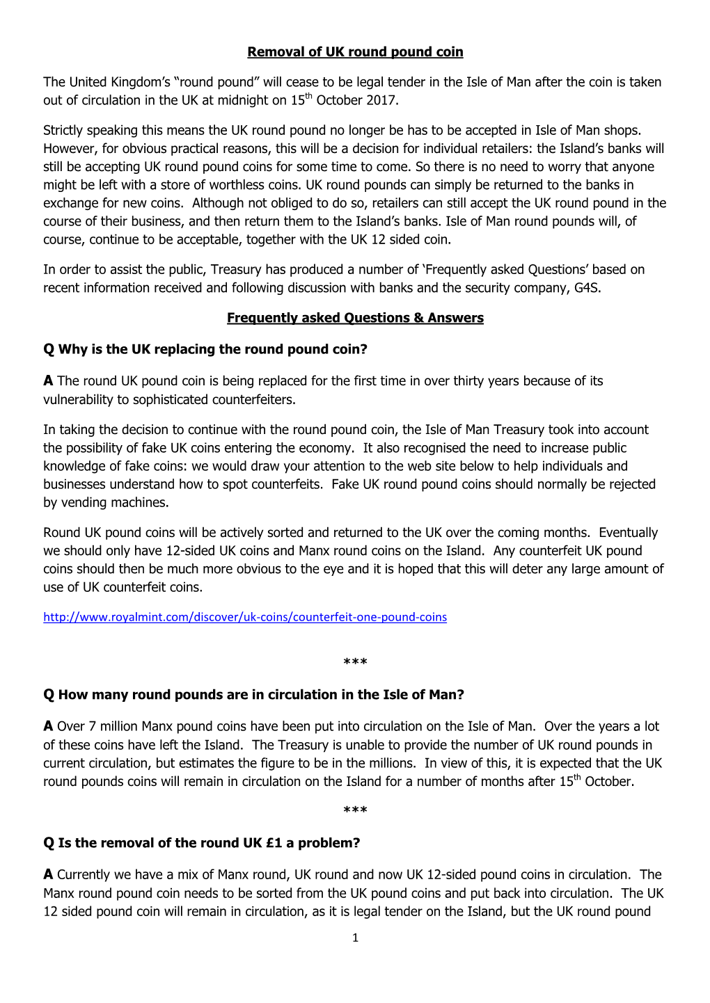 1 Removal of UK Round Pound Coin the United Kingdom's “Round