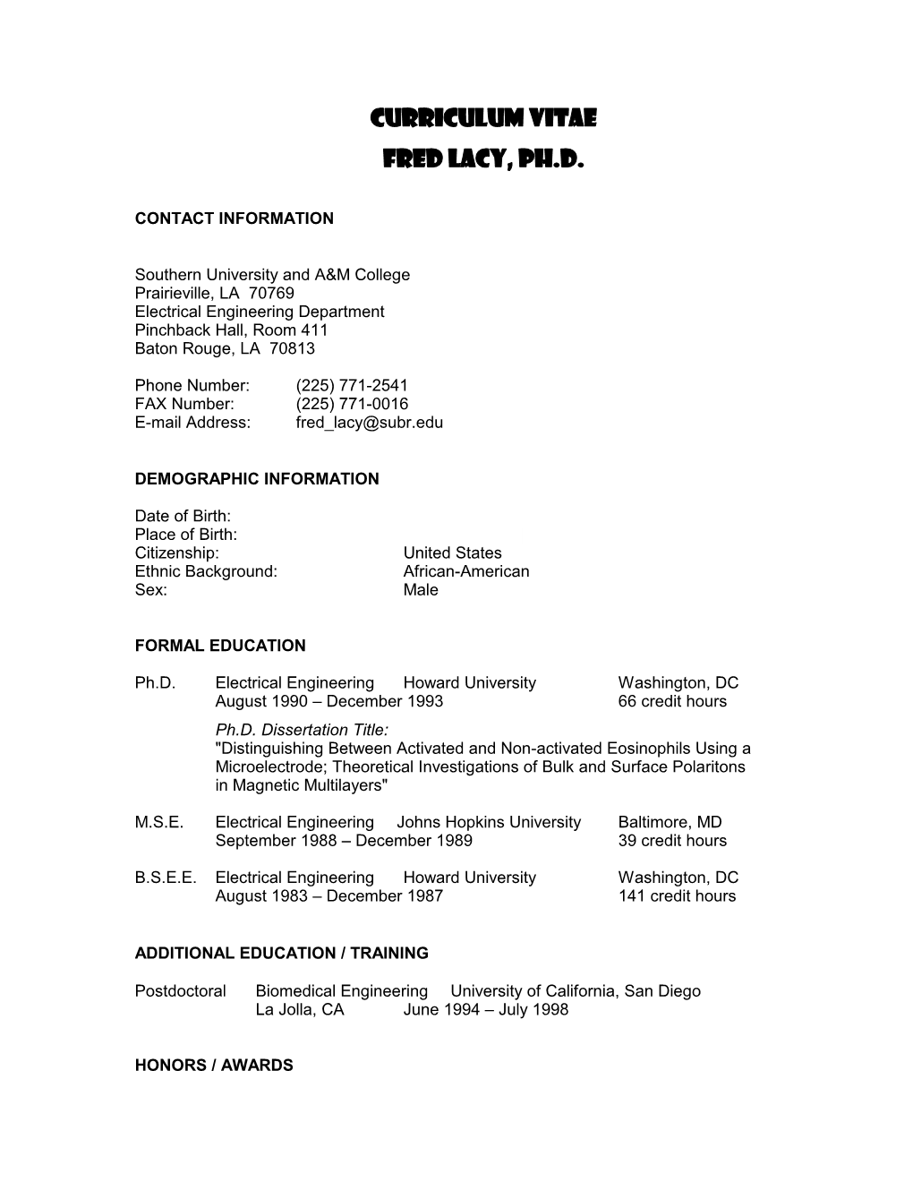 CURRICULUM VITAE FRED LACY, Ph.D