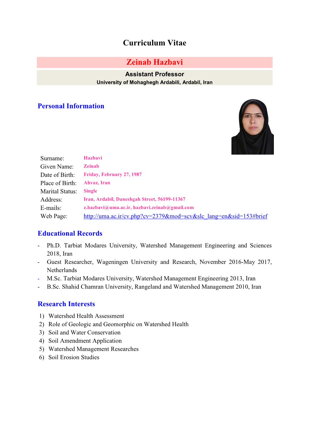 Curriculum Vitae Zeinab Hazbavi