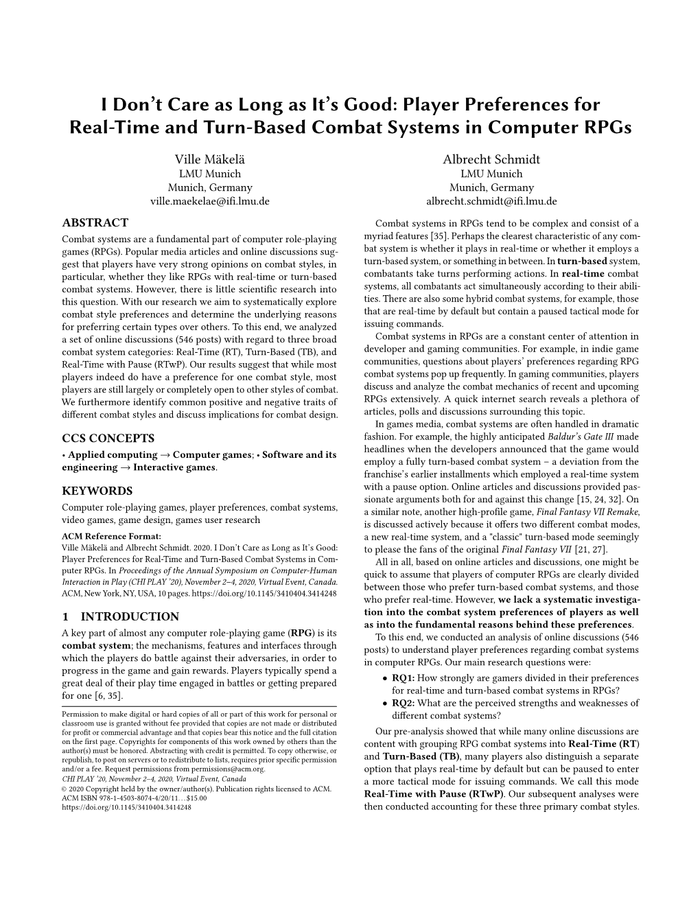 Player Preferences for Real-Time and Turn-Based Combat Systems in Computer Rpgs