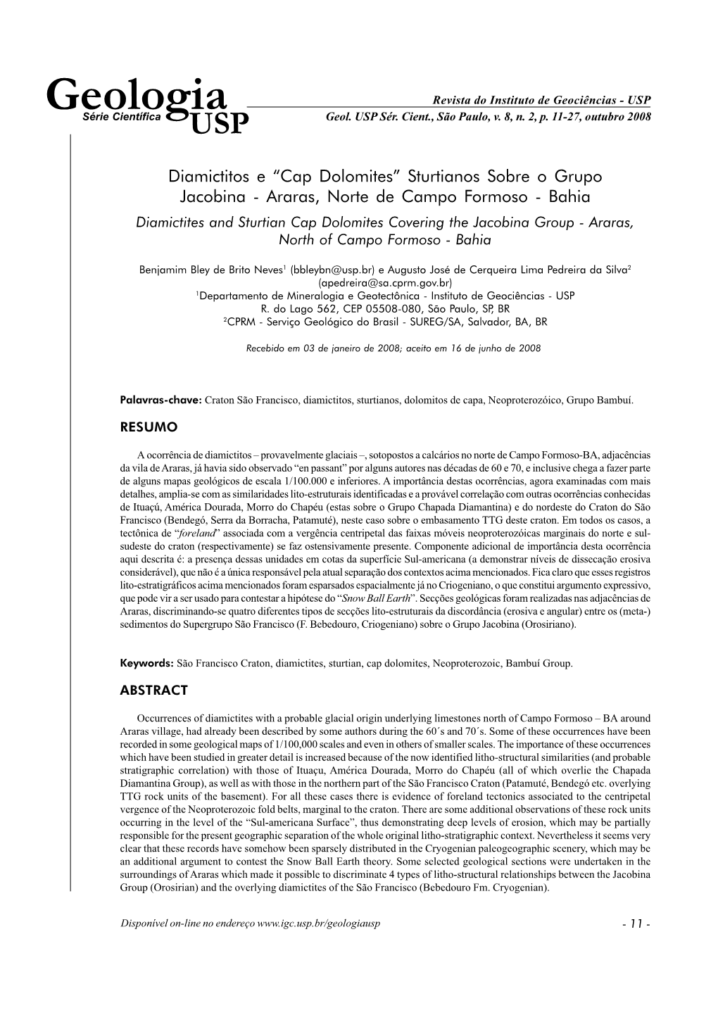 Geologia Revista Do Instituto De Geociências - USP Série Científica USP Geol