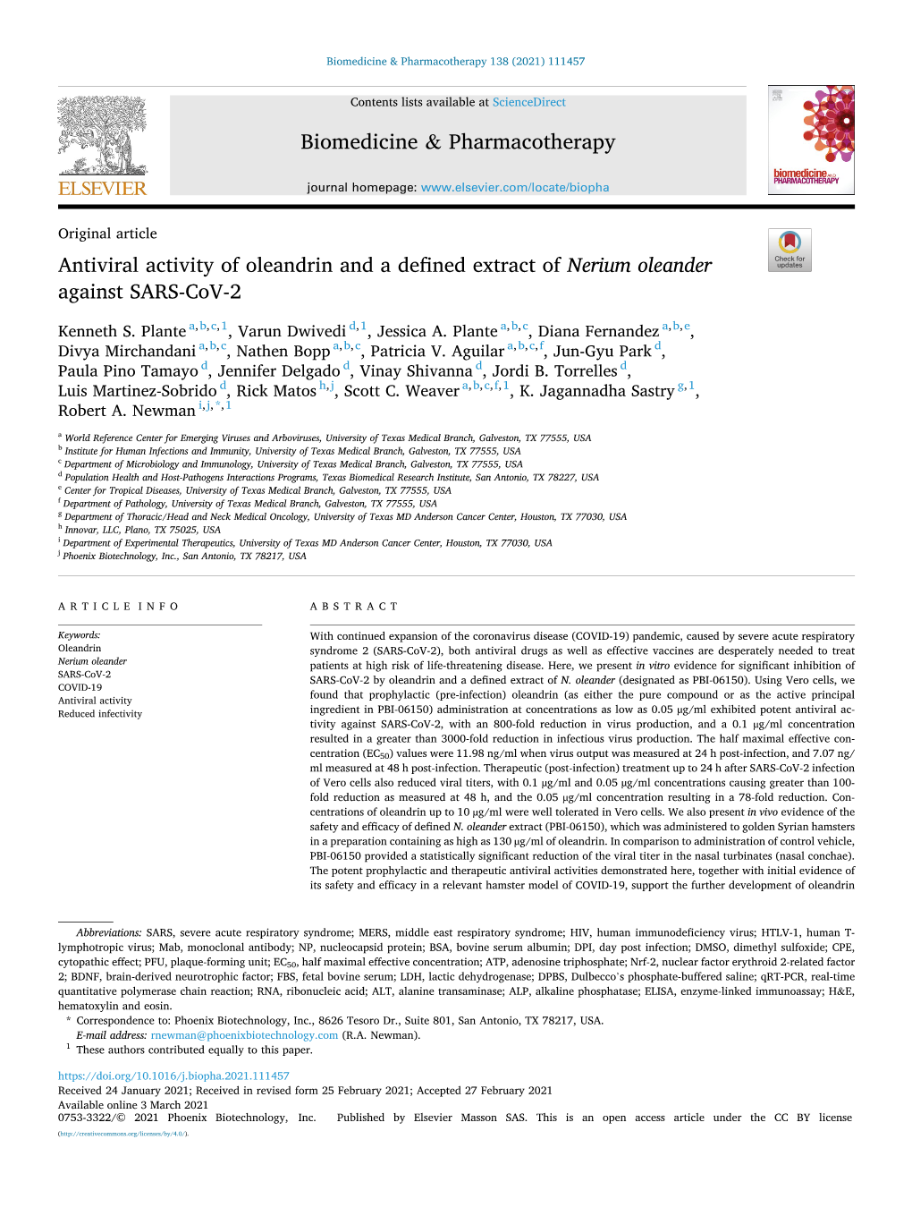 Antiviral Activity of Oleandrin and a Defined Extract of Nerium Oleander Against SARS-Cov-2