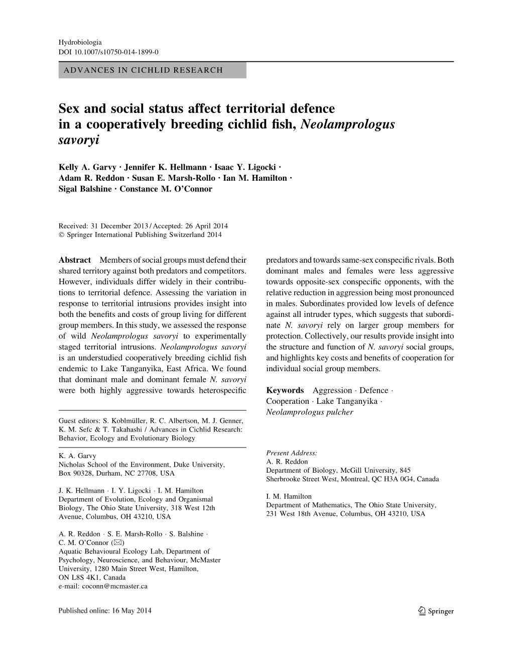 Sex and Social Status Affect Territorial Defence in a Cooperatively Breeding Cichlid ﬁsh, Neolamprologus Savoryi