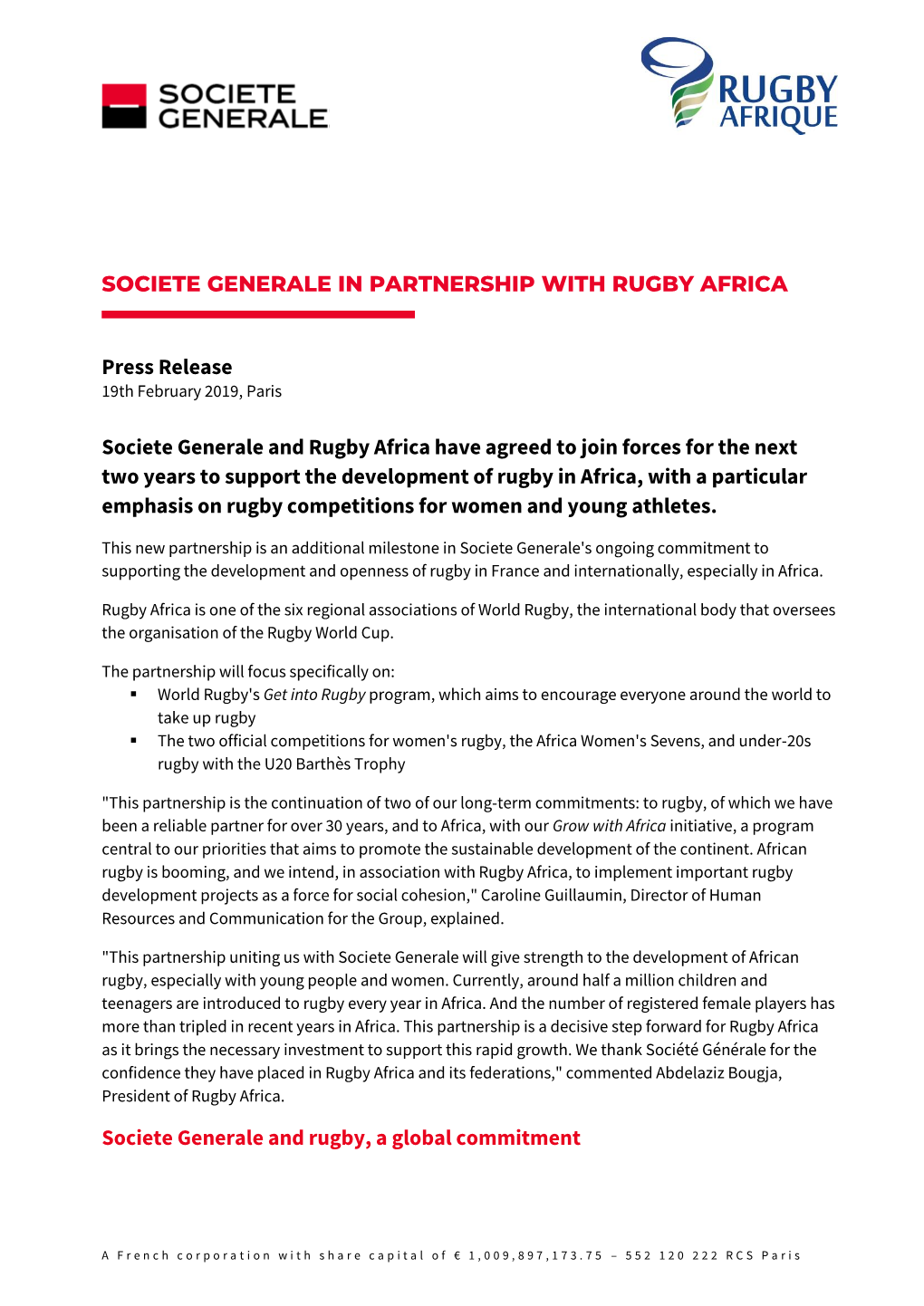 Societe Generale in Partnership with Rugby Africa