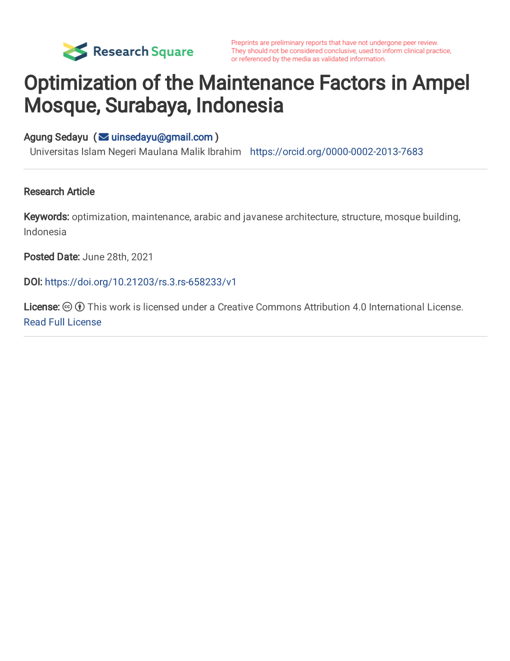 Optimization of the Maintenance Factors in Ampel Mosque, Surabaya, Indonesia