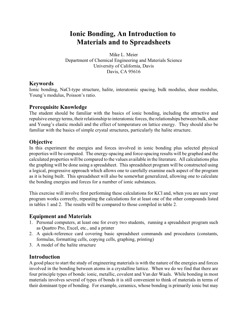 Ionic Bonding, an Introduction to Materials and to Spreadsheets