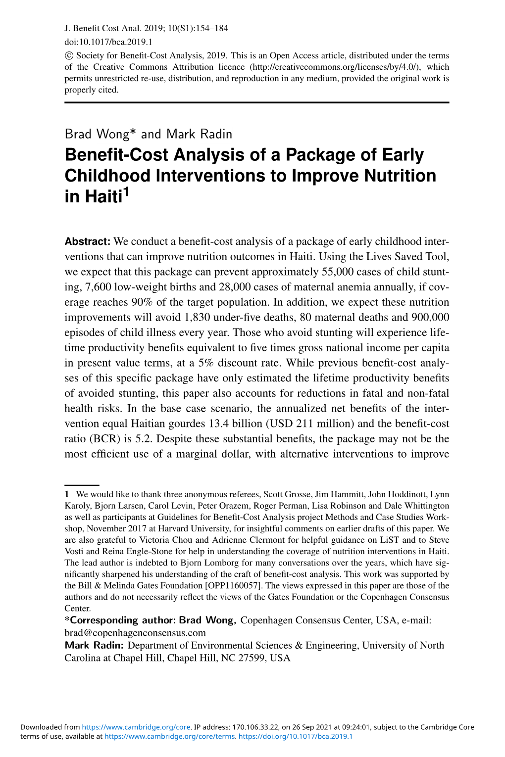Benefit-Cost Analysis of a Package of Early Childhood Interventions To