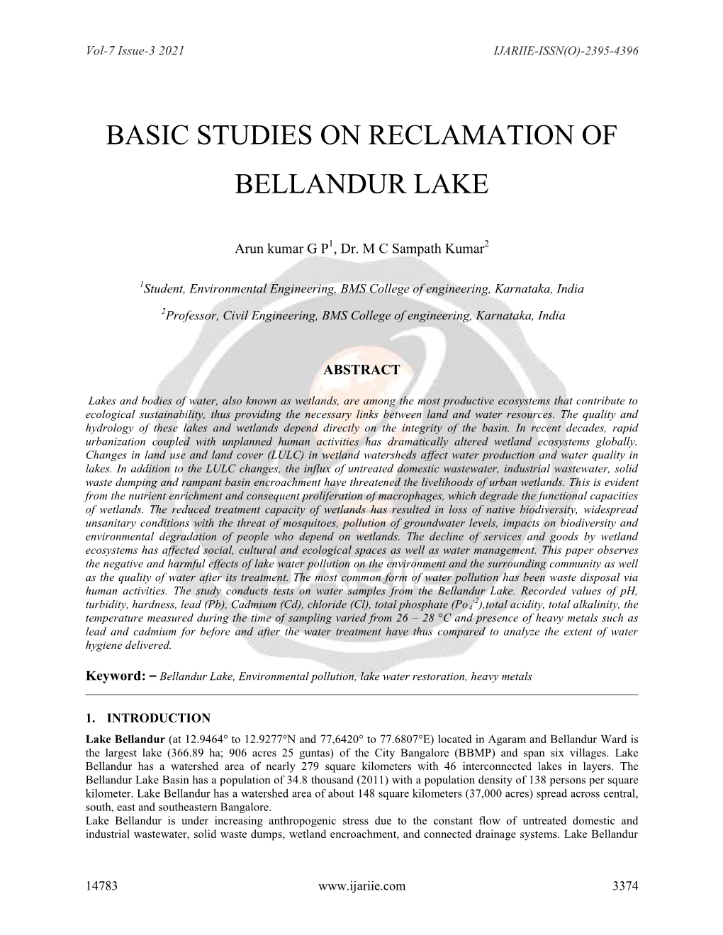 Basic Studies on Reclamation of Bellandur Lake